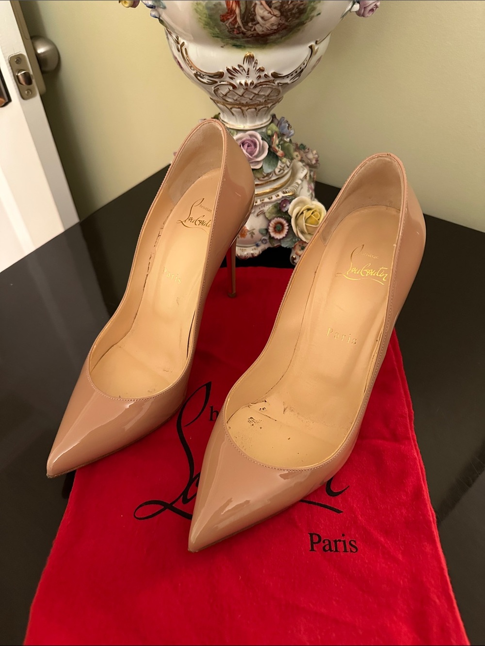 Christian Louboutin Nude Patent Pointed Toe Stiletto Pumps